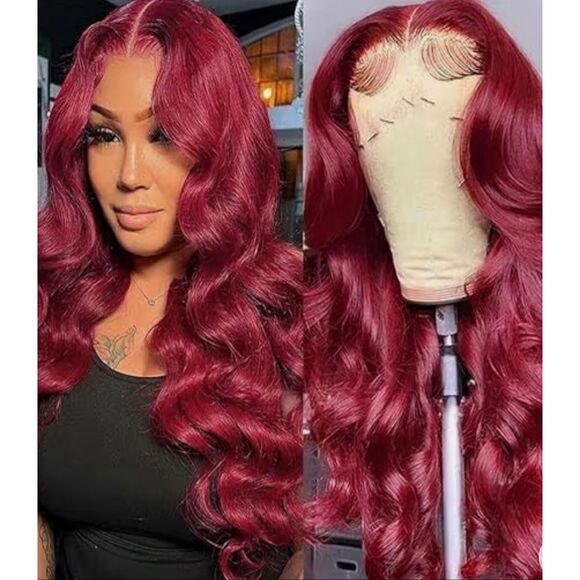 99j Burgundy Lace Front Wig remi Human Hair 22” 13x4 Body Wave Frontal Pre Pluck - Picture 1 of 11
